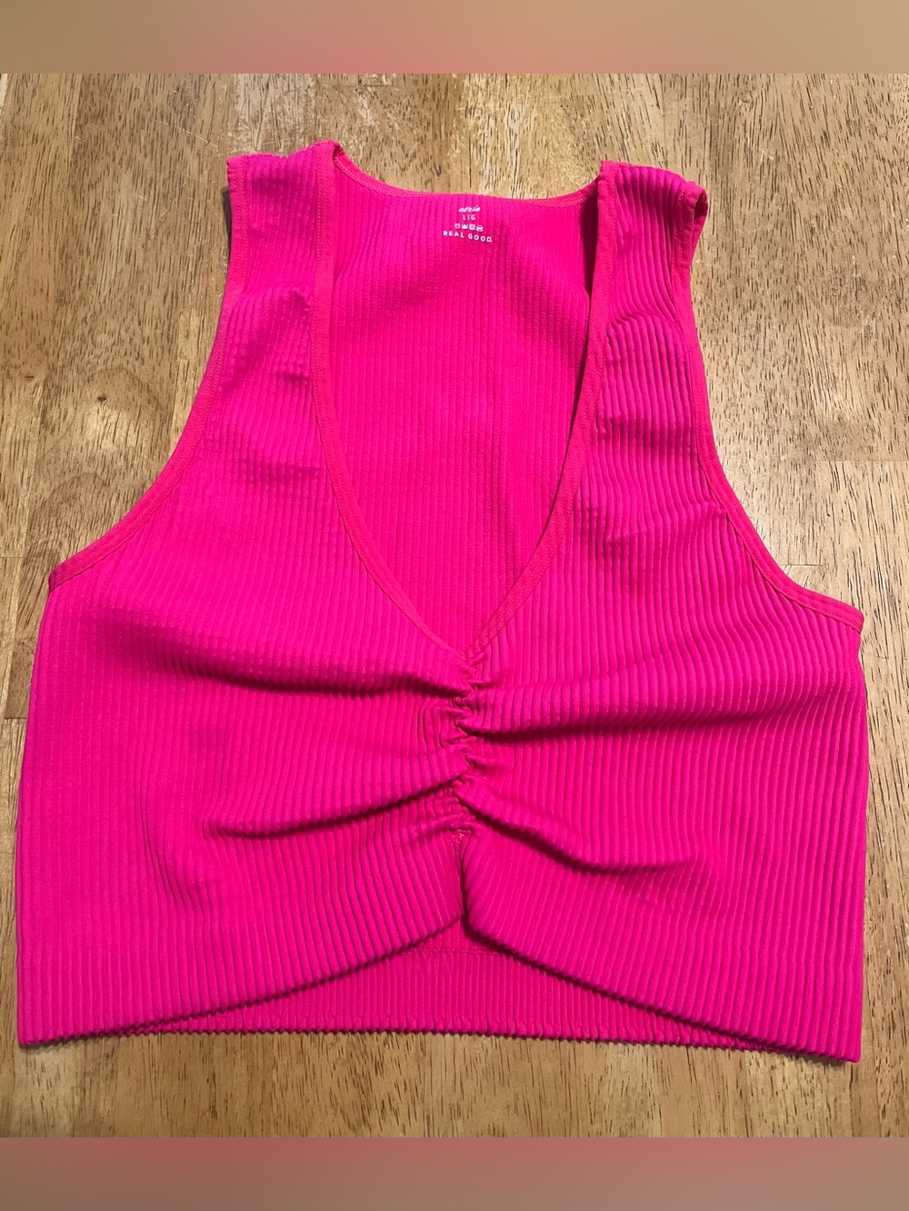 Aerie Real Good Neon Hot Pink Ribbed Ruched V-Neck Cropped Tank Top - Size L